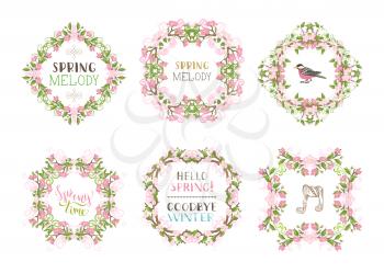Spring cherry blossoms, leaves, branches, birds and flourishes. Page decorations and ornaments isolated on white background. Hand-written lettering.