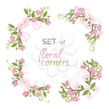 Floral ornament isolated on white background. Cherry blossoms and leaves on tree branches. Hand-drawn flourishes.