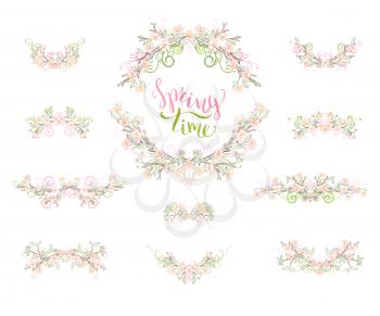 Vector outlined spring flowers, leaves and flourishes on branches. Coloured hand-drawn ornaments.