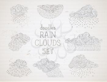 Various doodles clouds on old striped paper background. Hand-drawn swirls, strokes, spirals and curls.