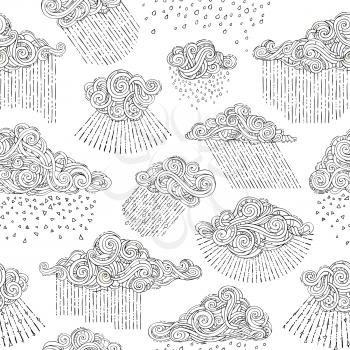 Ornate clouds on white background. Doodles boundless weather background. Black and white duotone illustration. Coloring book for adults template.