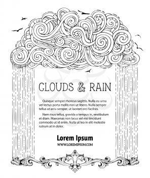 Linear hand-drawn black cloud and rain on white background. Vintage decoration. Flying birds. There is copy space for text. Colouring book for adults template.