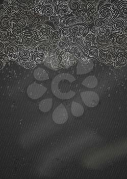 Hand-drawn chalk clouds and rain on blackboard background. There is copy space for your text at the bottom of illustration. Doodles swirls, spirals and curls.