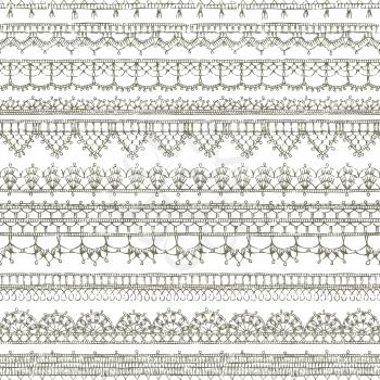 Sketch knitted edging patterns and lacy borders on white background.