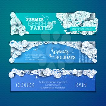 Hand-drawn white ornate clouds, curls, swirls and spirals on coloured background. There is copy space for your text. Summer party and holidays web templates.