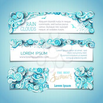Hand-drawn ornate clouds, curls, swirls and spirals. There is copy space for your text on white background. Summer web templates.