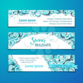 Hand-drawn ornate blue clouds, curls, swirls and spirals. There is copy space for your text on white background. Summer web templates.