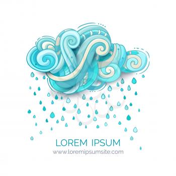 Ornate cloud and rain drops isolated on white background. Curls, swirls and spirals. There is copy space for your text.