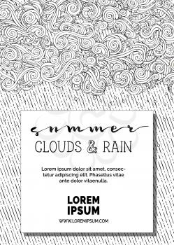 Doodles clouds and hand-drawn rain. There is copy space for your text on white paper. Colouring book for adults template.