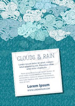 Doodles hand-drawn clouds and rain. There is copy space for your text on white paper. Hand-drawn swirls, spirals and curls.