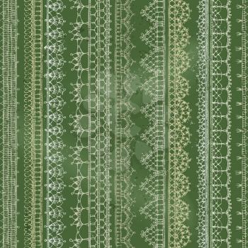 Hand-drawn knitted vertical edges and trims. Lacy decorations on green blackboard background. Boundless texture.