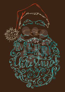 Hand-drawn coloured contour of Santa Claus face on dark brown background. Hat with pompon, glasses and curly beard.