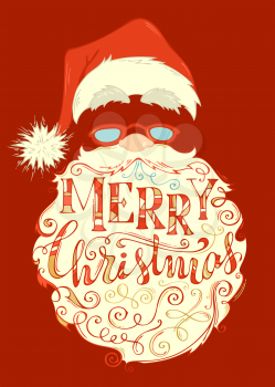 Santa Claus face, hat with pompon, glasses and light curly beard. Hand-drawn swirls and letters.