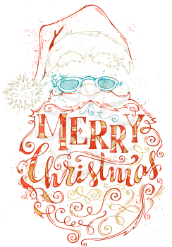 Hand-drawn coloured contour of Santa Claus face on white background. Hat with pompon, glasses and curly beard with congratulations.