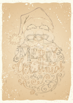Santa Claus face, hat with pompon, glasses and curly beard. Hand-drawn swirls and letters.