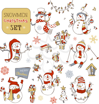 Snowman is skiing. Snowmen with candy, gifts, baubles, Christmas sock, birds or garland. Christmas tree and birdhouse. Music notes and snowflakes. Red, grey and gold colors.