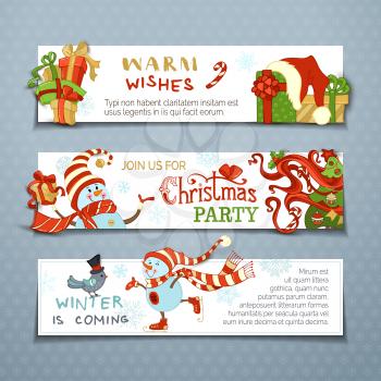 Cartoon snowmen and gift boxes, Christmas tree with baubles, candy canes, snowflakes, bird and stars. Winter is coming! Copy space for your text.