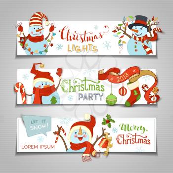 Cartoon snowmen and lights, gift box, Christmas baubles and sock, candy canes, snowflakes and stars. Christmas party. Copy space for your text.