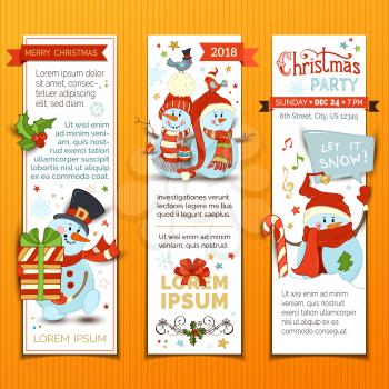 Cartoon Christmas baubles, candy cane, birds and gift box, snowdrift, snowflakes and stars. There is copy space for your text.