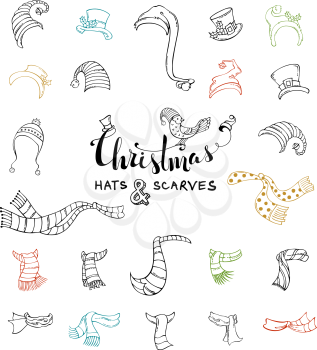 Various outlined Santa hats and winter scarves isolated on white background. Hand-drawn doodles design elements. Linear duotone icons.