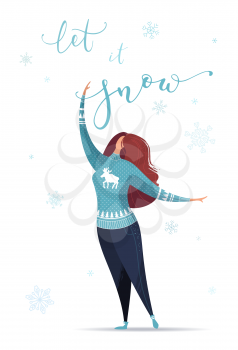 Flat illustration of woman in falling snowflakes. Vector holiday card template.