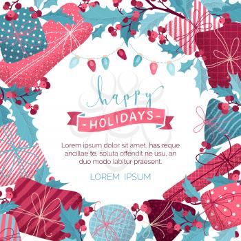 Gifts, mistletoe leaves and berries, garlands of pink and blue lamps. Flat Christmas card template. Hand-drawn grain texture. There is copyspace for your text.
