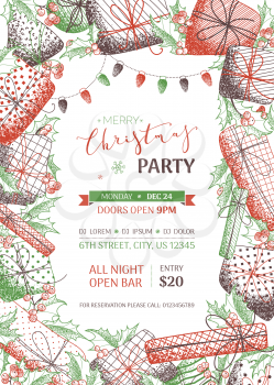 Sketch design template with hand-drawn stipple texture. Mistletoe leaves and berries, gifts, garlands of red and green lamps. Party template.