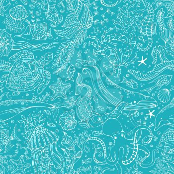 Whale, dolphin, turtle, fish, starfish, crab, octopus, shell, jellyfish, seahorse, seaweed. Seamless pattern of ocean animals and plants.