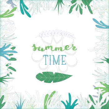 Summer time. Flat and outlined grass on white background. There is copy space for your text in the center.
