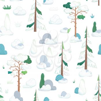 Сoniferous trees on white. Pines, spruces and cypress, stones and grass. Flat boundless background. Flat and linear illustration.