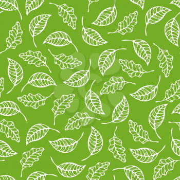 White linear ash and oak leaves on green background. Summer boundless background. Tileable elements.