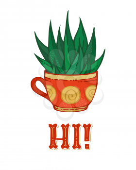 Succulent plant in red tea cup on white background. Vector template for greeting cards, posters, invitations, etc. 
