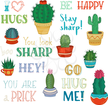 Cactuses and succulents in flower pots. Hand-drawn cartoon plants and lettering. I like hugs. You look sharp. You are prick. Go hug me! Stay sharp! Be happy!