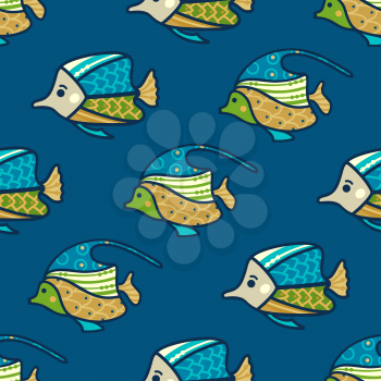 Cartoon fish on dark blue background. Boundless background can be used for web page backgrounds, wallpapers, wrapping papers and invitations.