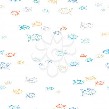 Colourful shoal of outlined fish on white background. Boundless background can be used for web page backgrounds, wallpapers, wrapping papers and invitations.