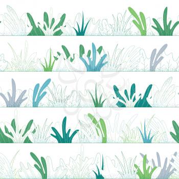 Grass and leaves on a white. Boundless summer background. Filled and outlined design elements.