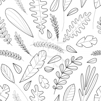 Doodles leaves and grass. Black contours isolated on a white. Hand-drawn boundless background. Can be used for a coloring book for adults.