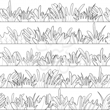 Doodles grass and leaves on a white. Black and white boundless summer background.