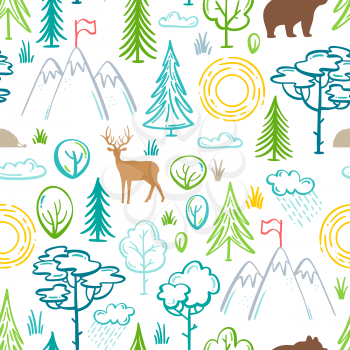 Contours of trees and bushes, mountains, wild animals (deer, bear, hedgehog). Bright boundless background for your summer design.