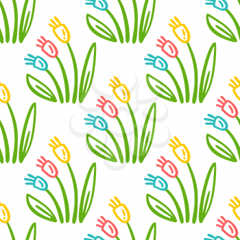 Linear pink, yellow and blue flowers on a white. Bright boundless background for your spring or summer design.