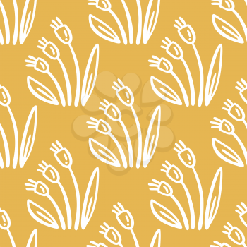White outlined tulips on yellow background. Bright boundless background for your spring and summer design.