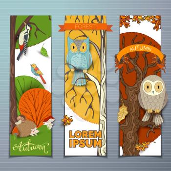 Cartoon owl, hedgehog, woodpecker, mushrooms, trees and leaves made in cartoon style. Autumn woodland elements. Bright nature backgrounds.
