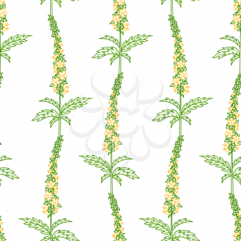 Tiny yellow flowers and green pinnate leaves on white background. Bright spring and summer boundless backgrounds. Tileable design elements.