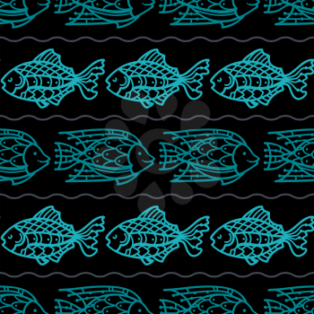 Blue outlined fish on black background. Boundless background can be used for web page backgrounds, wallpapers, wrapping papers and invitations.