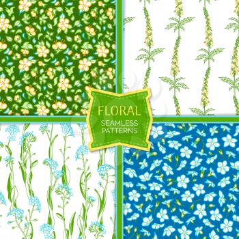 Forget-me-nots and agrimony boundless backgrounds. Yellow, blue and violet tiny flowers and bright green leaves. Tileable design elements.