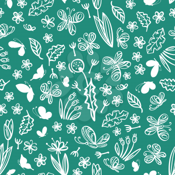 Outlined white flowers, leaves and butterflies on dark green background. Boundless background for your summer design.