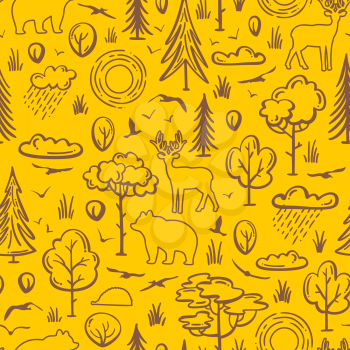 Contours of trees and bushes, sun and clouds, wild animals. Deer, bear, hedgehog among the trees. Bright yellow boundless background for your summer design.