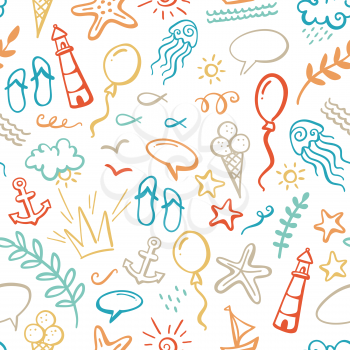 Seamless pattern of ocean animals and plants, fish, anchor, boat, ship, jellyfish, shell, starfish, ice-cream, balloon, bubble speech, leaves, flip flops.