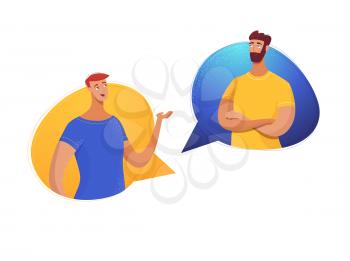 Father and son dialogue flat vector illustration. Cartoon young and mature man in speech bubbles isolated characters. Male friends, partners, colleagues sharing news, impressions, communicating