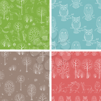 Cute outline wild animals and birds, autumn trees and bushes. Fox, moose, deer, bear, squirrel, raccoon, hedgehog and others. Vector tileable backgrounds.